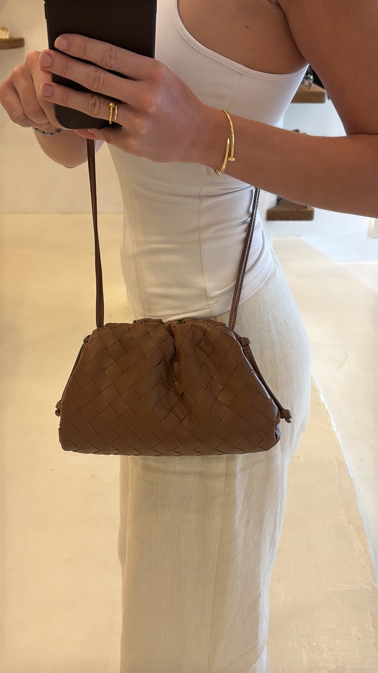 AMANI WOVEN LEATHER POUCH -BISCUIT