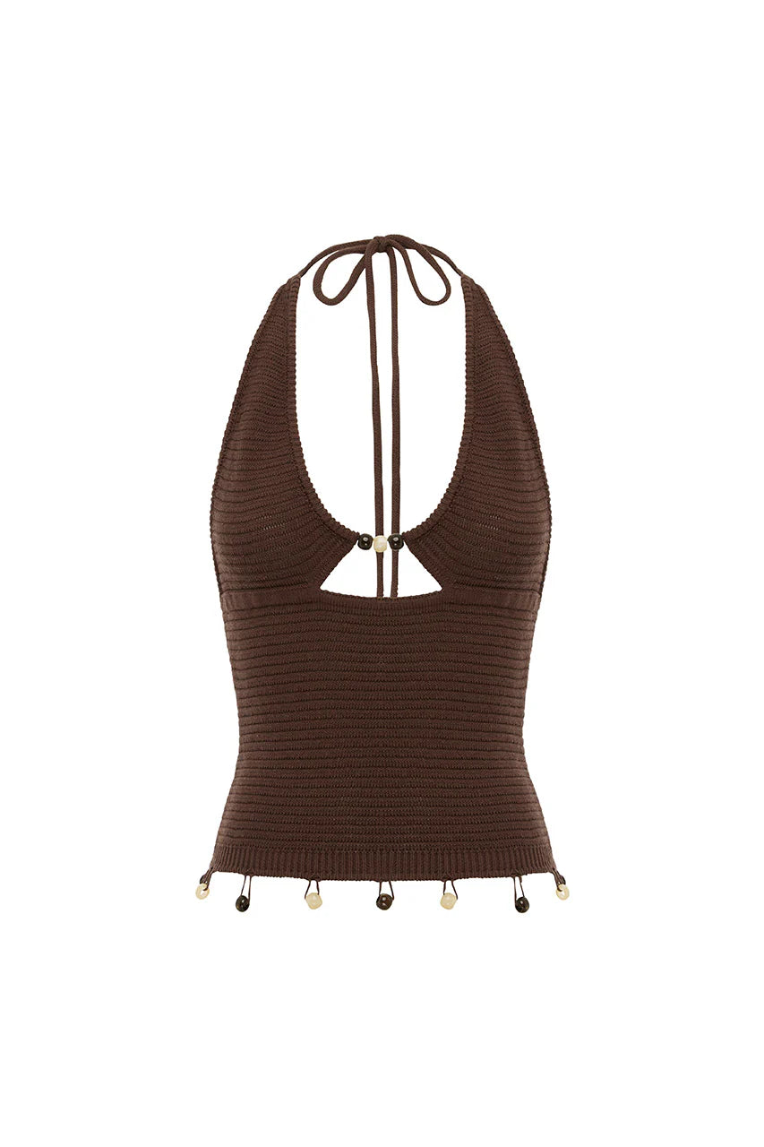 BAILEE DEEP-V HALTER KNIT TOP - COCOA