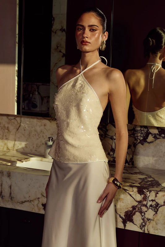 FRANCES HALTER SEQUIN TOP - PEARL