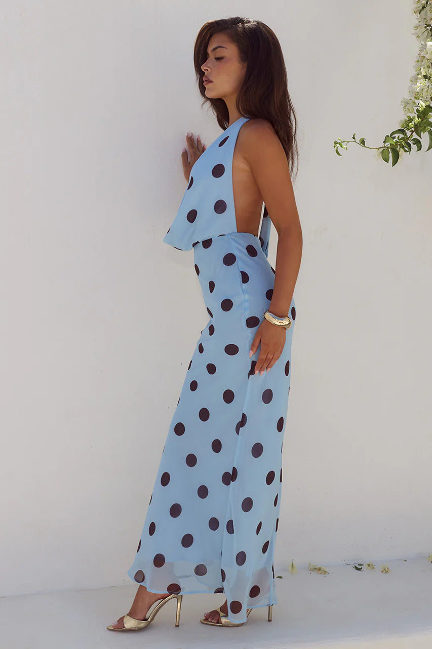LEXIE LOW PLUNGE HALTER MAXI DRESS - SKY BLUE /CHOC POLKA