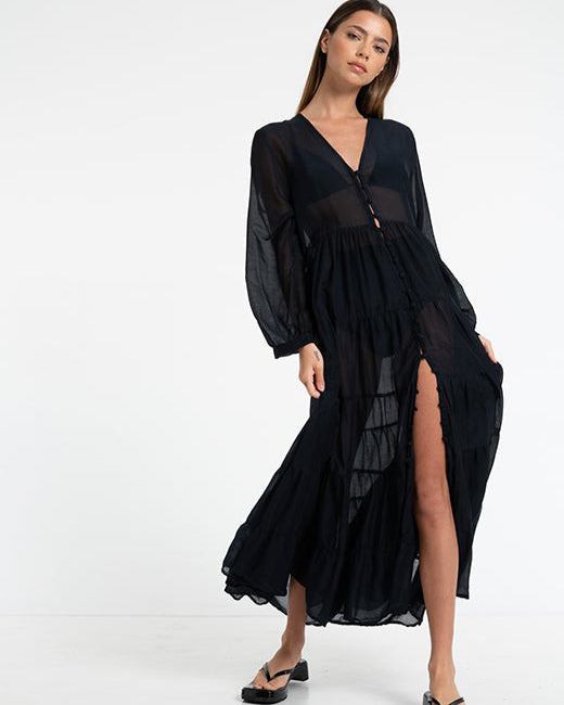 Woman in Bow & Arrow Alice Sheer Maxi Dress Black