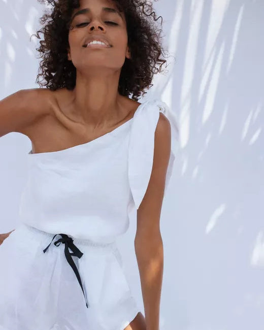 SamaCollective white linen top womens one sholder top by tegan