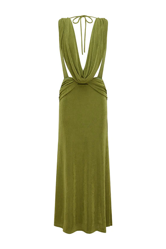 ARALIA PLUNGE COWL BACK MAXI DRESS - PALM
