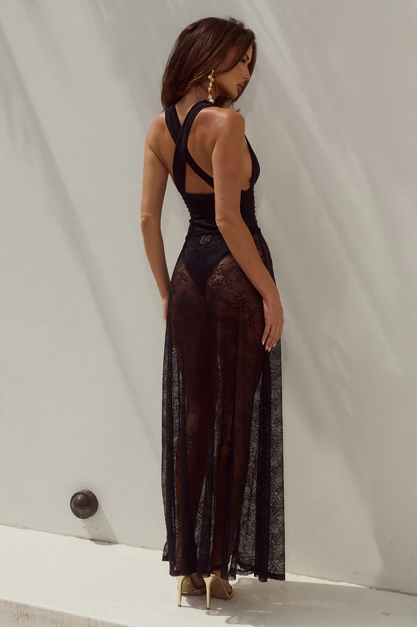 JENNA LOW WAIST LACE MAXI SKIRT - BLACK