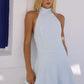 DANIA HIGH NECK HALTER MINI DRESS - BLUE STRIPE