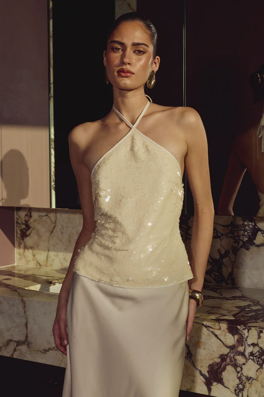 FRANCES HALTER SEQUIN TOP - PEARL
