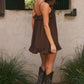 KRISTIA FLOUNCE RUFFLE MINI DRESS - BITTER CHOCOLATE