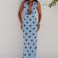 LEXIE LOW PLUNGE HALTER MAXI DRESS - SKY BLUE /CHOC POLKA