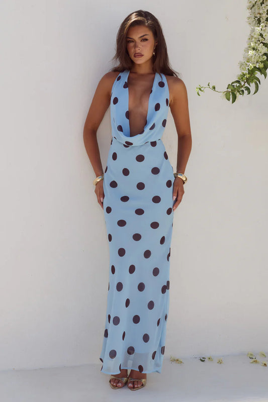 LEXIE LOW PLUNGE HALTER MAXI DRESS - SKY BLUE /CHOC POLKA