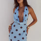 LEXIE LOW PLUNGE HALTER MAXI DRESS - SKY BLUE /CHOC POLKA