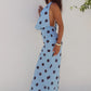 LEXIE LOW PLUNGE HALTER MAXI DRESS - SKY BLUE /CHOC POLKA