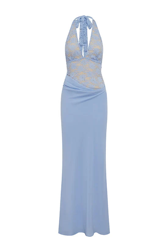 LINA HALTER DRAPED MAXI DRESS - BLUEBELL