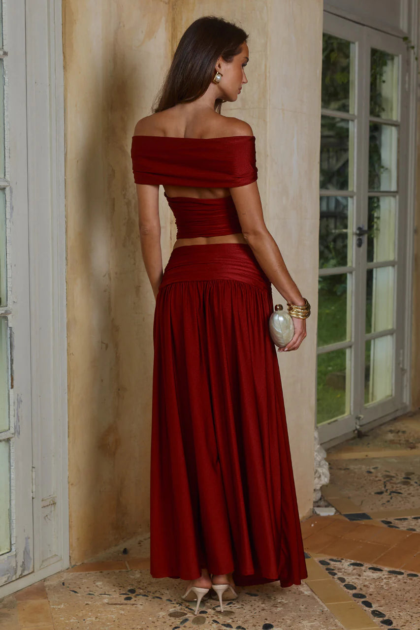 NIVALI DRAPED WAIST MAXI SKIRT - CHERRY