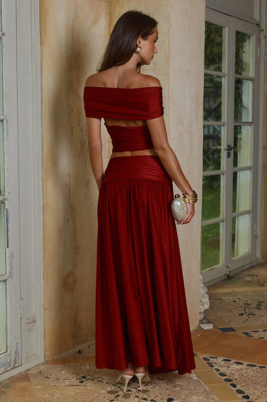 NIVALI DRAPED WAIST MAXI SKIRT - CHERRY