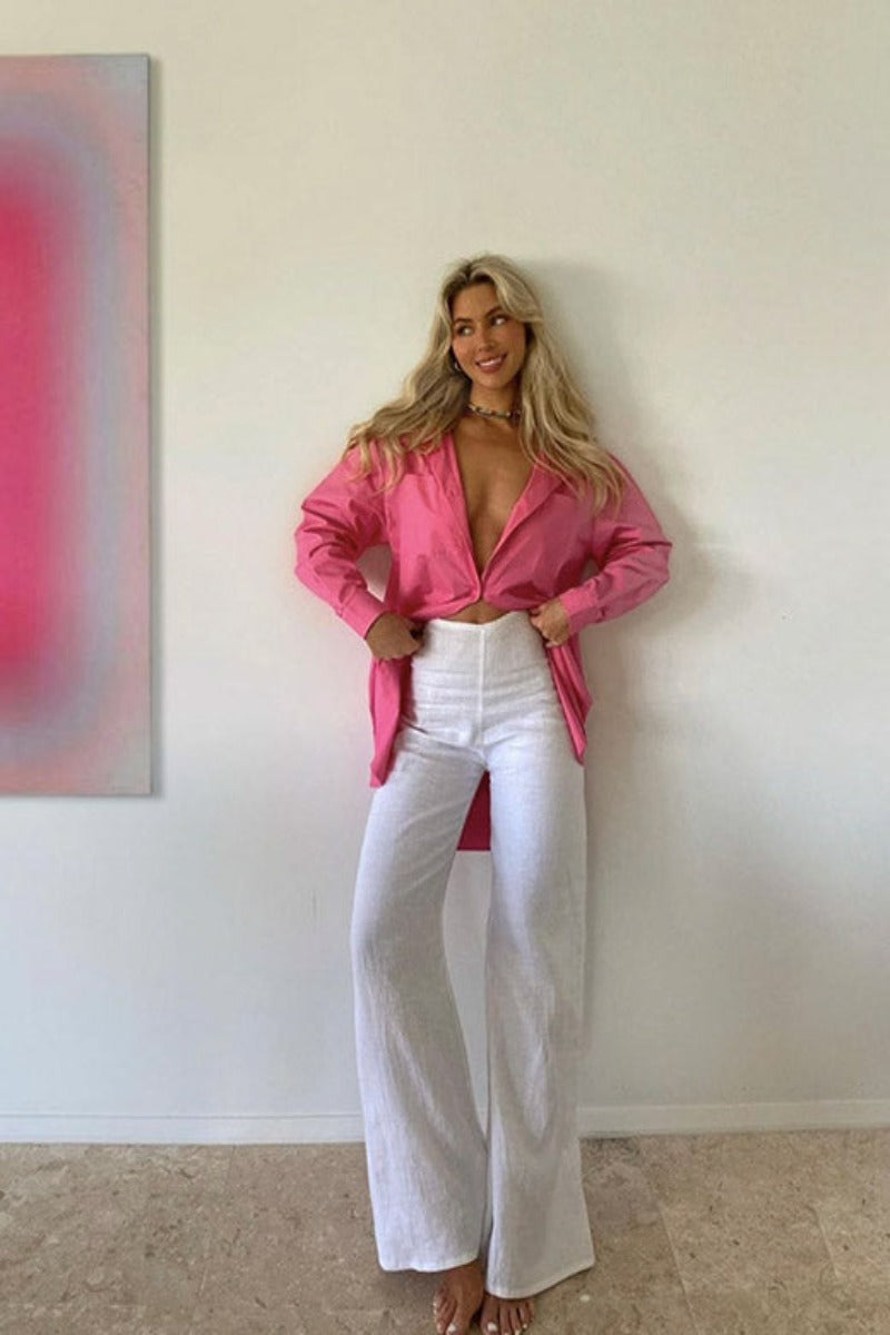 Woman in Bow & Arrow Margot Linen Flare Pant Chalk