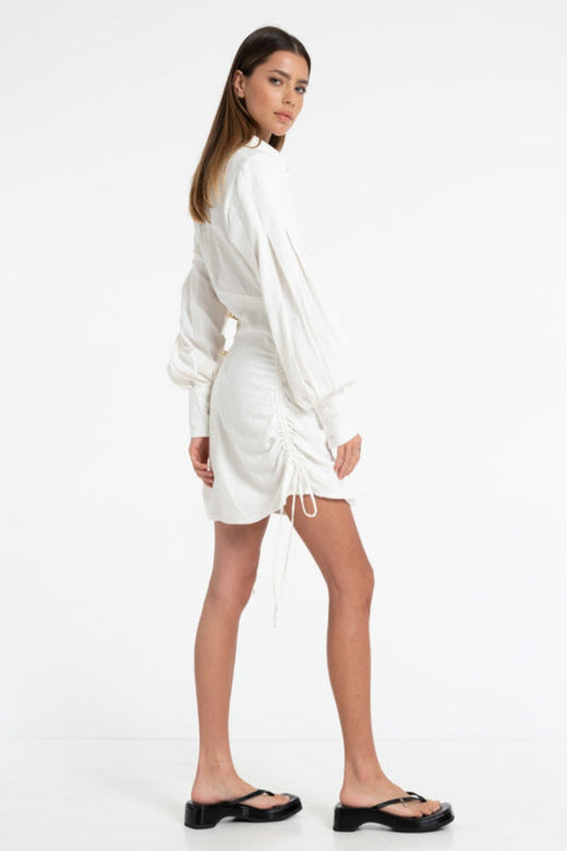 Woman in Clementine Drawstring Side Dress Chalk