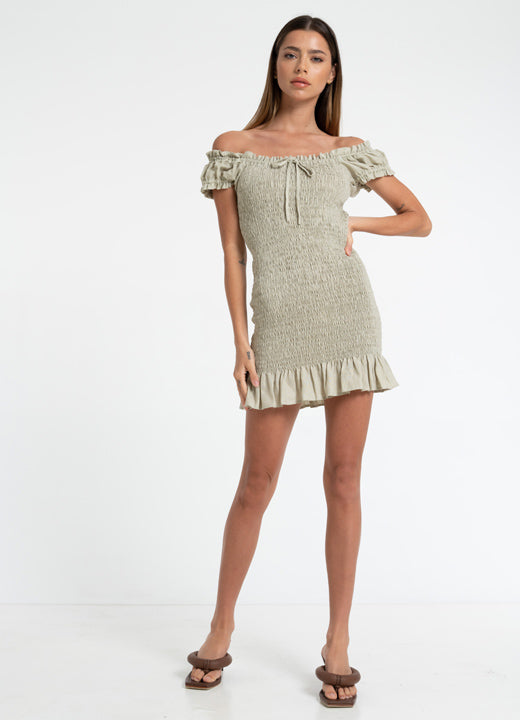 Woman in Bow & Arrow Kenzie Elasticated Dress Stone