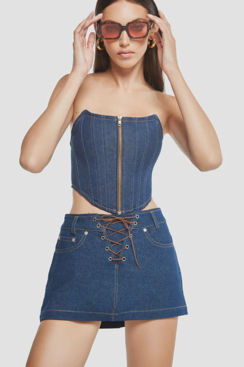 CROPPED DENIM CORSET - BLUE
