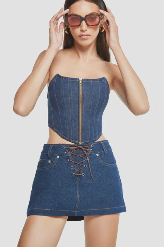 CROPPED DENIM CORSET - BLUE